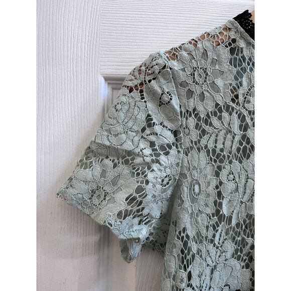 Zara Seafoam Green Black Crochet Embroidered Detail Sheer Peplum Blouse Small - Picture 5 of 12